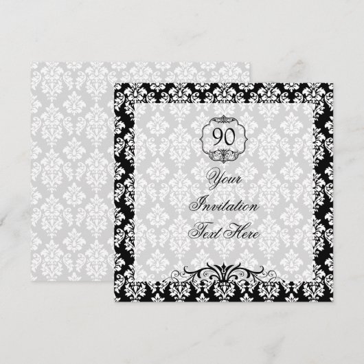 90th Birthday Invitation Black and White Damask Kaart (Voorkant / Achterkant)
