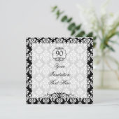 90th Birthday Invitation Black and White Damask Kaart (Staand voorkant)