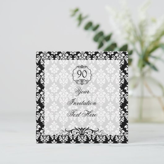 90th Birthday Invitation Black and White Damask Kaart (Staand voorkant)