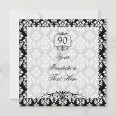 90th Birthday Invitation Black and White Damask Kaart (Voorkant)