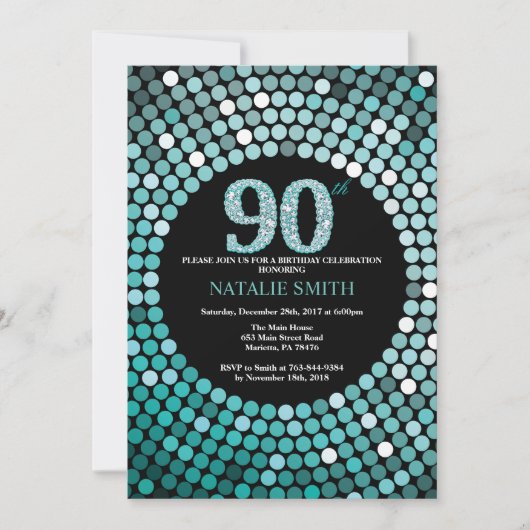 90th Birthday Invitation Black en Blauwgroen Glitt Kaart (Voorkant)