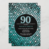 90th Birthday Invitation Black en Blauwgroen Glitt Kaart (Voorkant / Achterkant)