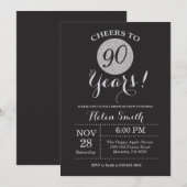 90th Birthday Invitation Black en Silver Glitter Kaart (Voorkant / Achterkant)