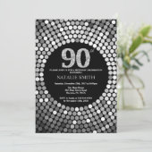 90th Birthday Invitation Black en Silver Glitter Kaart (Staand voorkant)
