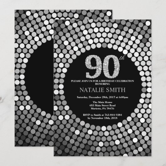 90th Birthday Invitation Black en Silver Glitter Kaart (Voorkant / Achterkant)