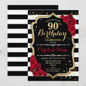 90th Birthday Invitation Black White Stripes Rozen Kaart (Voorkant / Achterkant)
