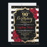 90th Birthday Invitation Black White Stripes Rozen Kaart<br><div class="desc">90e verjaardag uitnodiging voor vrouwen. Elegant zwart wit nodigt kaart uit met faux glitter goud. Bevat rozen,  scriptlettertypen en stijlvolle strepen. Ideaal voor een mijlpaal op de dag van de volwassen dag.</div>