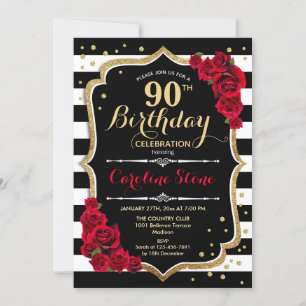 90th Birthday Invitation Black White Stripes Rozen Kaart
