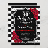 90th Birthday Invitation Black White Stripes Rozen Kaart (Voorkant / Achterkant)