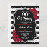 90th Birthday Invitation Black White Stripes Rozen Kaart<br><div class="desc">90e verjaardag uitnodiging voor vrouwen. Elegant zwart,  wit en rood nodigt kaart uit met faux glitter Silver. Floral ontwerp met strepen,  scriptlettertype en rode rozen. Ideaal voor een stijlvolle mijlpaal op de dag van de volwassen dag.</div>