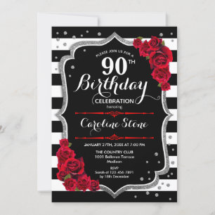 90th Birthday Invitation Black White Stripes Rozen Kaart