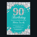 90th Birthday Invitation Blauwgroen en Silver Diam Kaart<br><div class="desc">Uitnodiging 90e verjaardag. Blauwgroen en Silver Rhinestone Diamond Blauwgroen Turquoise Aqua Background Elegant Birthday Bash nodigt uit. Volwassen verjaardag. Vrouwendag. Mannen op zaterdag. Voor verdere aanpassing,  te klikken gelieve de knoop "van de Aanpassing het"en ons ontwerphulpmiddel te gebruiken om deze sjabloon te wijzigen.</div>