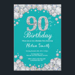 90th Birthday Invitation Blauwgroen en Silver Diam Kaart<br><div class="desc">Uitnodiging 90e verjaardag. Blauwgroen en Silver Rhinestone Diamond Blauwgroen Turquoise Aqua Background Elegant Birthday Bash nodigt uit. Volwassen verjaardag. Vrouwendag. Mannen op zaterdag. Voor verdere aanpassing,  te klikken gelieve de knoop "van de Aanpassing het"en ons ontwerphulpmiddel te gebruiken om deze sjabloon te wijzigen.</div>