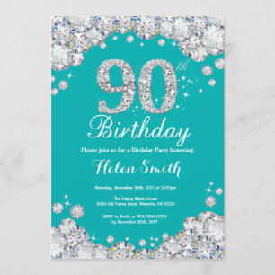90th Birthday Invitation Blauwgroen en Silver Diam Kaart