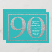 90th Birthday Invitation Blauwgroen en Silver Glit Kaart (Voorkant / Achterkant)