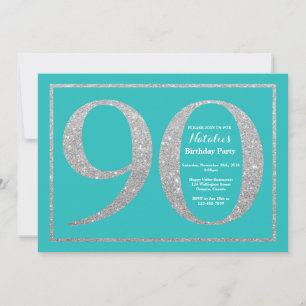 90th Birthday Invitation Blauwgroen en Silver Glit Kaart