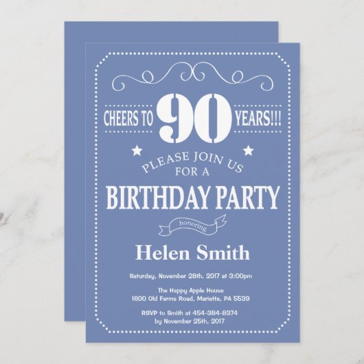90th Birthday Invitation Blue and White Kaart (Voorkant / Achterkant)