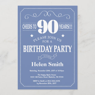 90th Birthday Invitation Blue and White Kaart