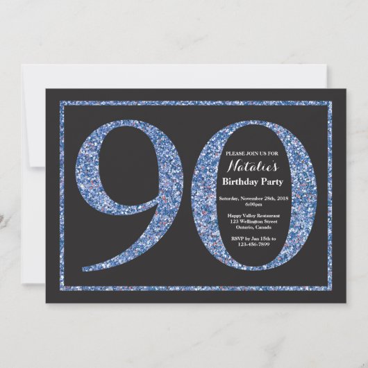 90th Birthday Invitation Blue Glitter Chalkboard Kaart (Voorkant)