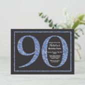 90th Birthday Invitation Blue Glitter Chalkboard Kaart (Staand voorkant)