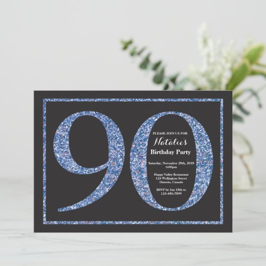 90th Birthday Invitation Blue Glitter Chalkboard Kaart (Staand voorkant)