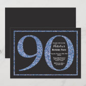 90th Birthday Invitation Blue Glitter Chalkboard Kaart (Voorkant / Achterkant)
