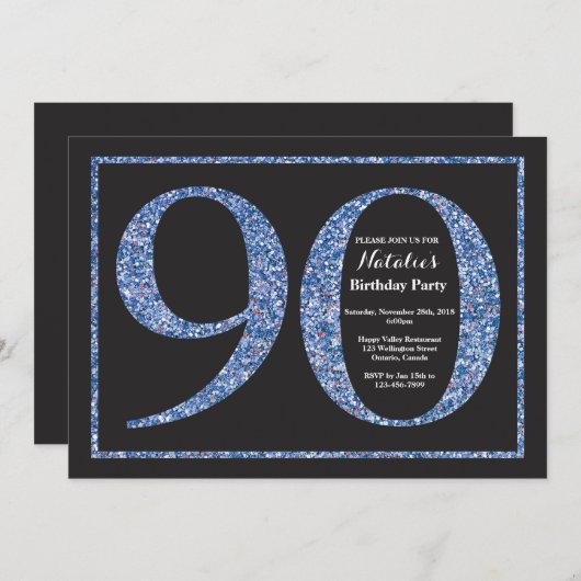 90th Birthday Invitation Blue Glitter Chalkboard Kaart (Voorkant / Achterkant)