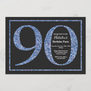 90th Birthday Invitation Blue Glitter Chalkboard Kaart