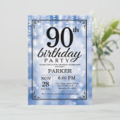 90th Birthday Invitation Blue Glitter Kaart (Staand voorkant)