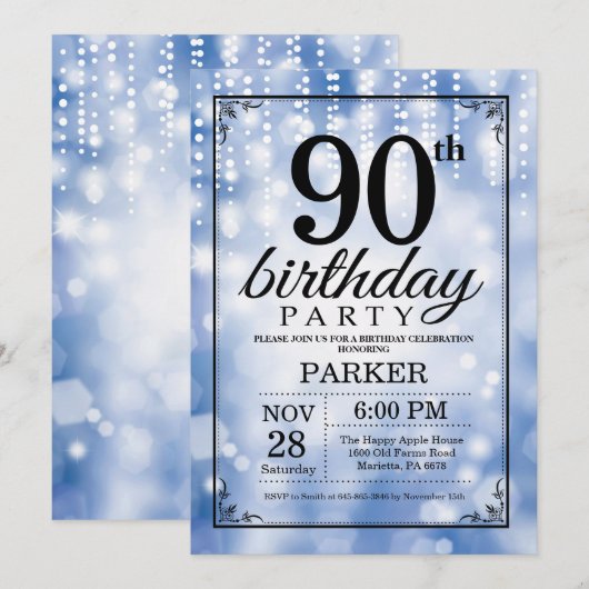 90th Birthday Invitation Blue Glitter Kaart (Voorkant / Achterkant)