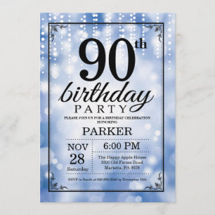 90th Birthday Invitation Blue Glitter Kaart
