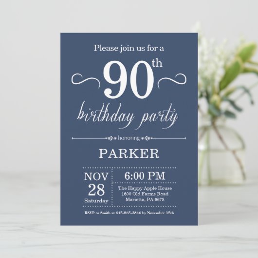 90th Birthday Invitation Blue Kaart (Staand voorkant)