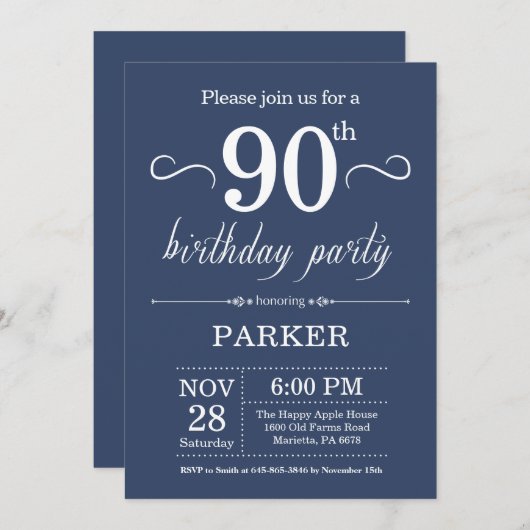 90th Birthday Invitation Blue Kaart (Voorkant / Achterkant)