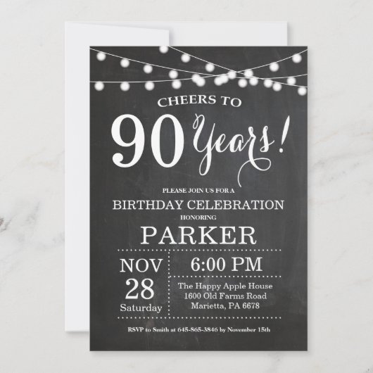 90th Birthday Invitation Chalkboard Kaart (Voorkant)