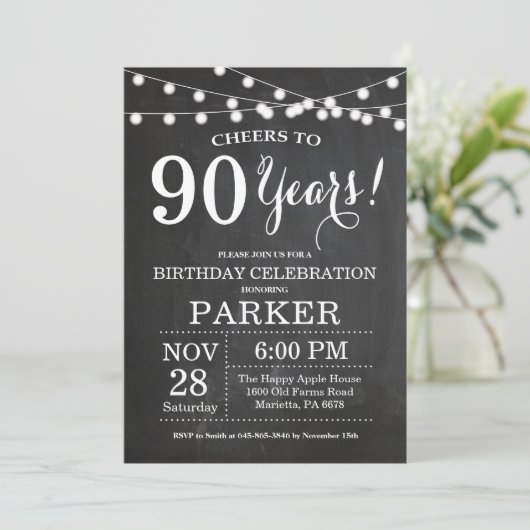 90th Birthday Invitation Chalkboard Kaart (Staand voorkant)