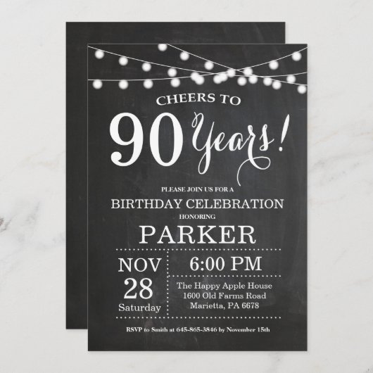 90th Birthday Invitation Chalkboard Kaart (Voorkant / Achterkant)