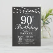 90th Birthday Invitation Chalkboard String Lights Kaart (Staand voorkant)
