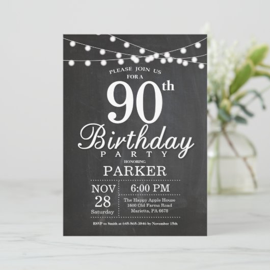 90th Birthday Invitation Chalkboard String Lights Kaart (Staand voorkant)