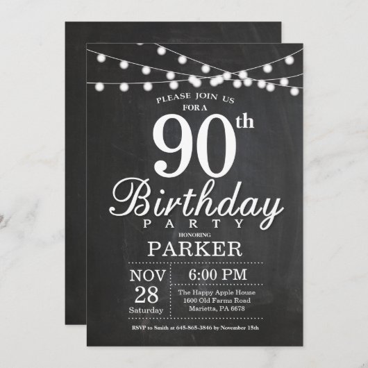 90th Birthday Invitation Chalkboard String Lights Kaart (Voorkant / Achterkant)