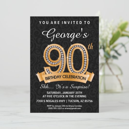 90th Birthday Invitation Diamond Milestone Invite Kaart (Staand voorkant)