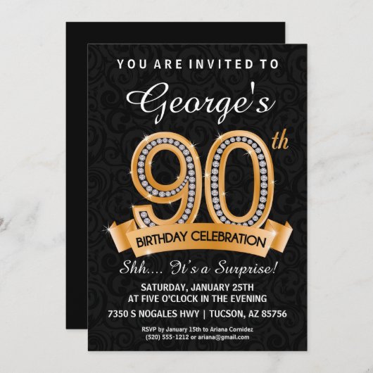 90th Birthday Invitation Diamond Milestone Invite Kaart (Voorkant / Achterkant)