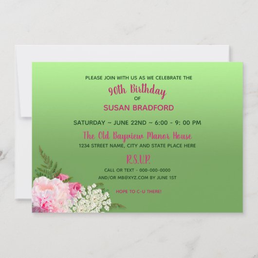 90th Birthday Invitation, Feminine w/Flowers Kaart (Achterkant)