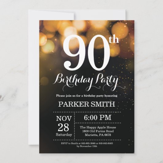 90th Birthday Invitation Gold Glitter Kaart (Voorkant)