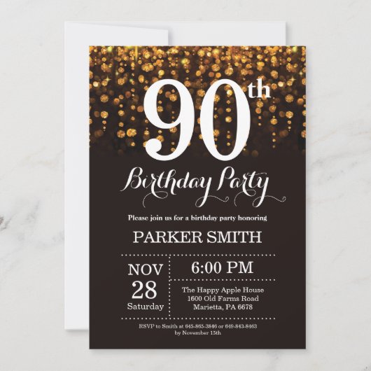 90th Birthday Invitation Gold Glitter Kaart (Voorkant)