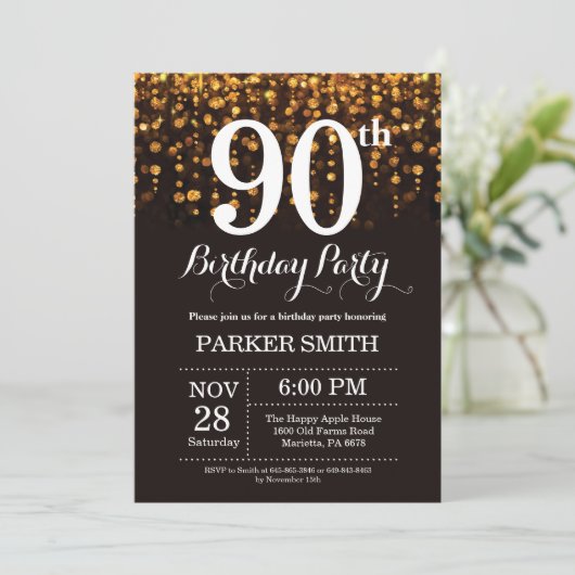 90th Birthday Invitation Gold Glitter Kaart (Staand voorkant)