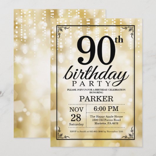 90th Birthday Invitation Gold Glitter Kaart (Voorkant / Achterkant)