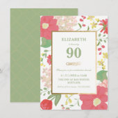 90th Birthday Invitation - Gold, legant Floral Kaart (Voorkant / Achterkant)