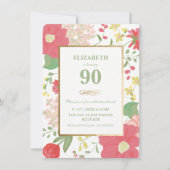 90th Birthday Invitation - Gold, legant Floral Kaart (Voorkant)