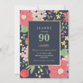 90th Birthday Invitation - Gold, legant Floral Kaart (Voorkant)