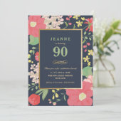 90th Birthday Invitation - Gold, legant Floral Kaart (Staand voorkant)